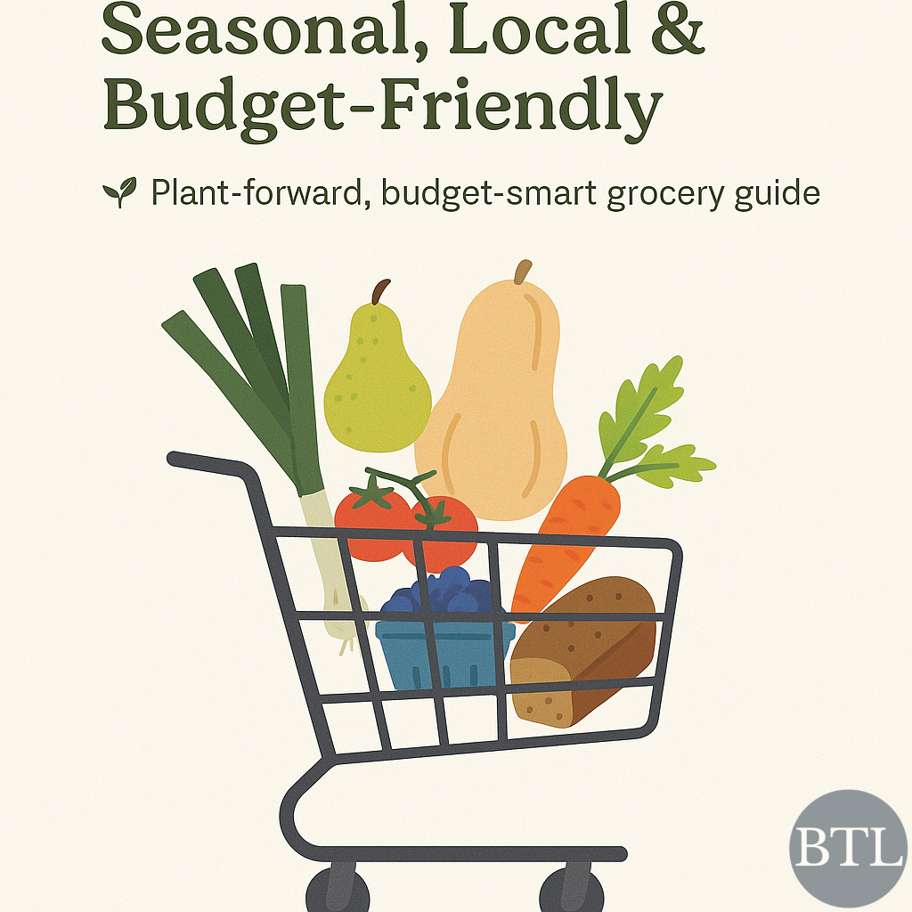 A digital illustration of a grocery shopping list titled “The Canadian Staples Guide.” The list is displayed on a clipboard with seasonal produce like carrots, apples, and oats scattered around it. A red maple leaf symbol sits in the corner, suggesting a Canada-focused theme.