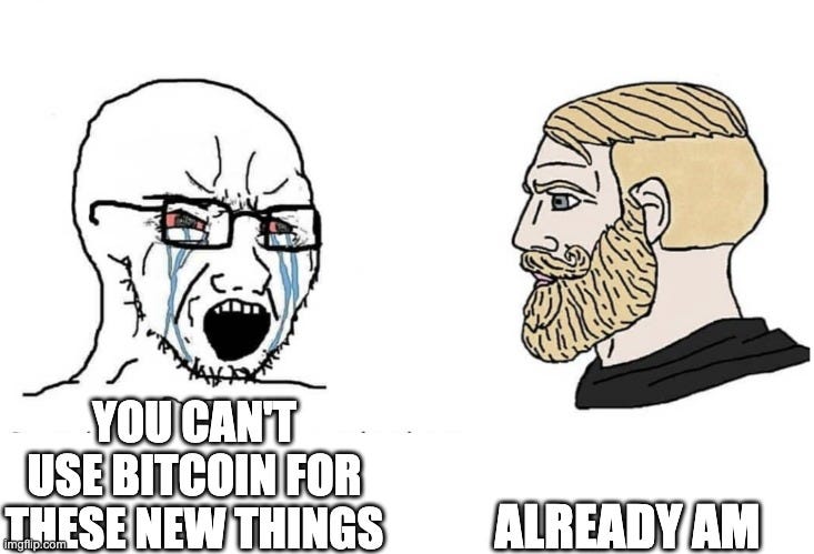 Soyboy Vs Yes Chad | ALREADY AM; YOU CAN'T USE BITCOIN FOR THESE NEW THINGS | image tagged in soyboy vs yes chad | made w/ Imgflip meme maker