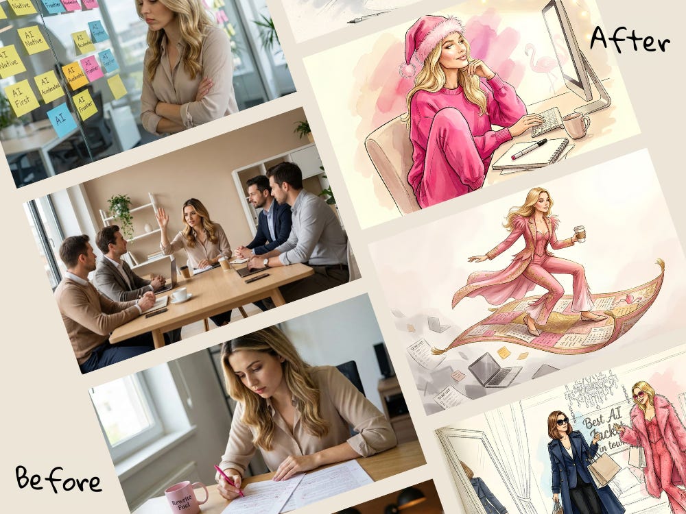 Before and after comparison of a Substack visual brand rebrand, corporate stock photos versus illustrated pink brand style