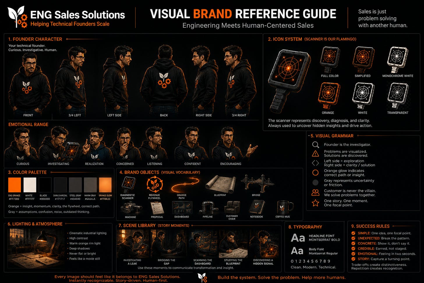 ENG Sales Solutions visual brand reference sheet showing founder character, color palette, and icon system