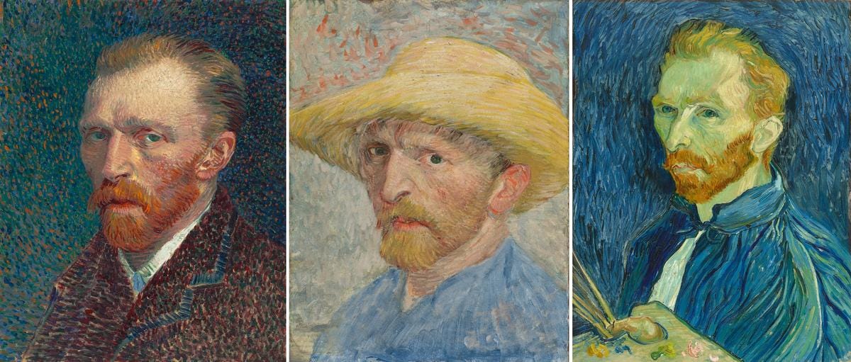 Three of Van Gogh’s self-portraits: 1887, 1887 and 1889 Courtesy of Art Institute of Chicago (Creative Commons Zero); Detroit Institute of Arts (Bridgeman Images); and National Gallery of Art, Washington, DC Three of Van Gogh’s self-portraits: 1887, 1887 and 1889 Courtesy of Art Institute of Chicago (Creative Commons Zero); Detroit Institute of Arts (Bridgeman Images); and National Gallery of Art, Washington, DC