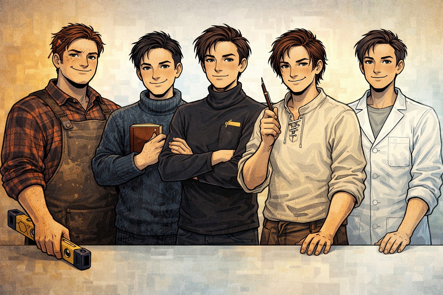 Five characters standing together as a team, looking directly at the camera. Left to right: The Carpenter — stocky, canvas apron over flannel, sawdust on forearms, pencil behind ear, holding a bubble level casually at their side. Slight smirk. The Translator — wool sweater, ink-stained fingers, holding a small hand-bound dictionary against their chest. Quiet, amused expression. The Witness — dark turtleneck, arms crossed, one eyebrow slightly raised, small notepad in breast pocket. Professionally unimpressed. The Scribe — linen tunic with rolled sleeves, calligraphy pen in one hand held upright like a conductor's baton. Focused half-smile. The Clean Room — white shop coat over simple shirt, hands resting on a perfectly clean surface in front of them. Calm and slightly pleased. Five characters standing together as a team, looking directly at the camera. Left to right: The Carpenter — stocky, canvas apron over flannel, sawdust on forearms, pencil behind ear, holding a bubble level casually at their side. Slight smirk. The Translator — wool sweater, ink-stained fingers, holding a small hand-bound dictionary against their chest. Quiet, amused expression. The Witness — dark turtleneck, arms crossed, one eyebrow slightly raised, small notepad in breast pocket. Professionally unimpressed. The Scribe — linen tunic with rolled sleeves, calligraphy pen in one hand held upright like a conductor's baton. Focused half-smile. The Clean Room — white shop coat over simple shirt, hands resting on a perfectly clean surface in front of them. Calm and slightly pleased.