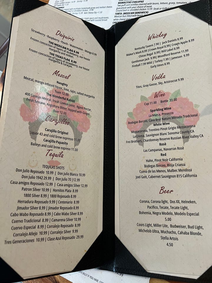 Frida’s drink menu and two different margaritas