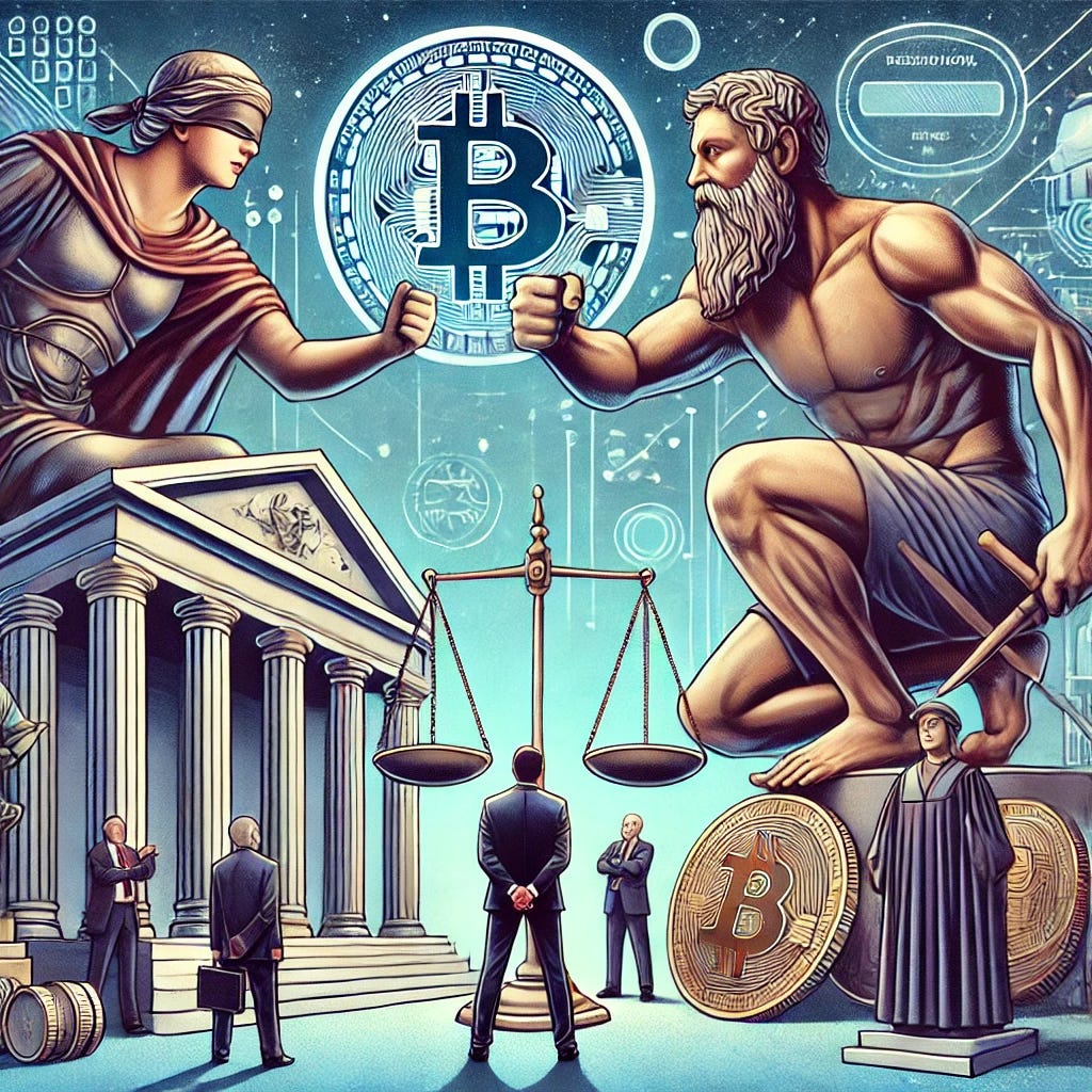A thought-provoking illustration representing themes of power struggles, financial conflicts, and historical versus modern dynamics. The scene includes an imposing figure symbolizing authority facing off with a large, symbolic bank structure, a digital coin representing modern finance under scrutiny by a justice-like figure holding scales, a determined individual facing a towering, muscular opponent symbolizing intense personal challenges, and an old, wise figure observing from the background with a thoughtful expression. The style should be lively, capturing tension, history, and modern-day issues in a metaphorical way.