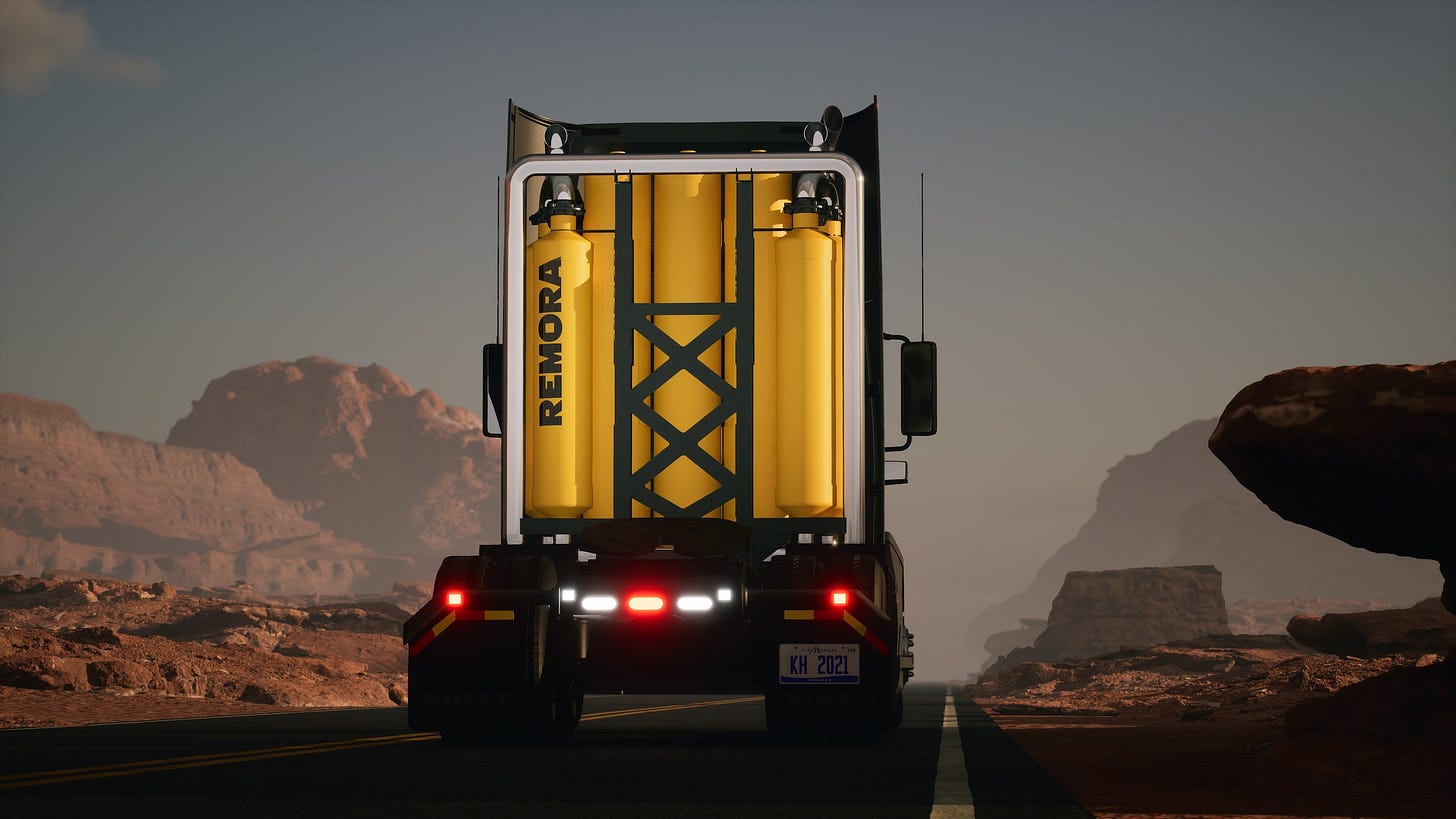 A rendering of a Remora truck with carbon capture A rendering of a Remora truck with carbon capture