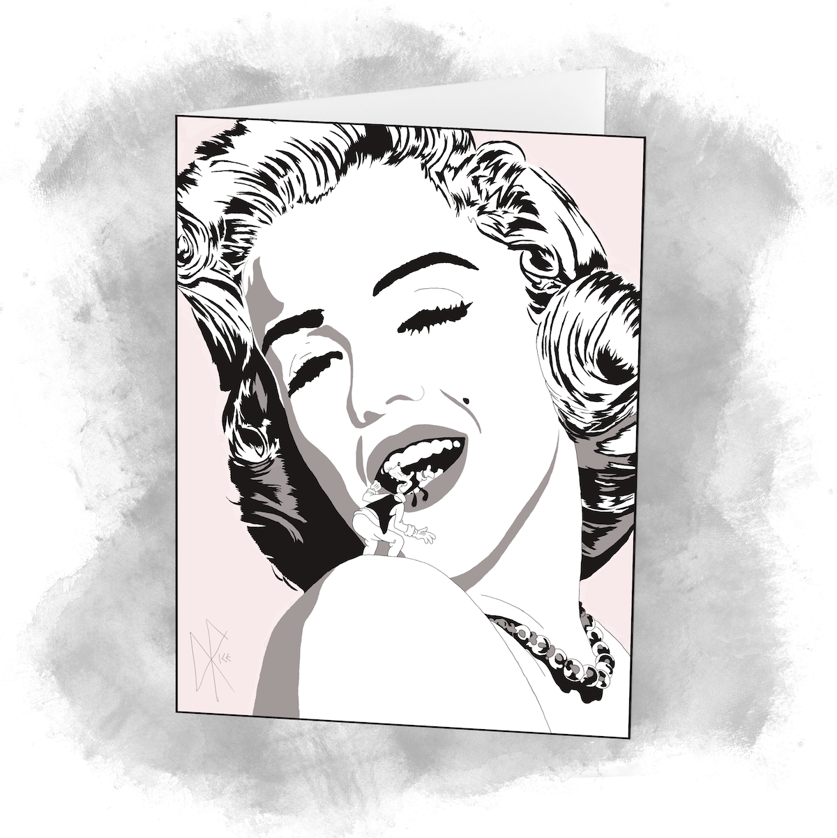Close-up of Marilyn Monroe’s head and shoulders. Tiny Goofy stands on Marilyn’s left shoulder, looking into her smiling mouth. Sketch art by Don Rice. Close-up of Marilyn Monroe’s head and shoulders. Tiny Goofy stands on Marilyn’s left shoulder, looking into her smiling mouth. Sketch art by Don Rice.