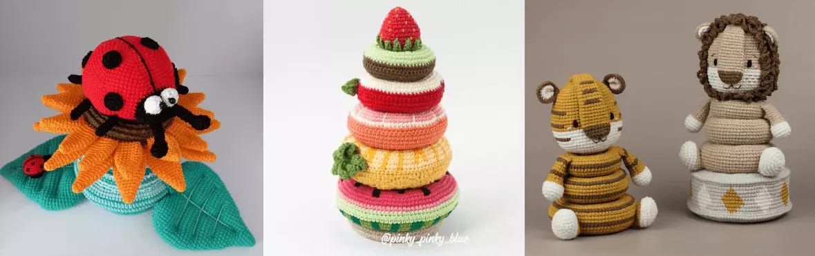 three different stacking toys