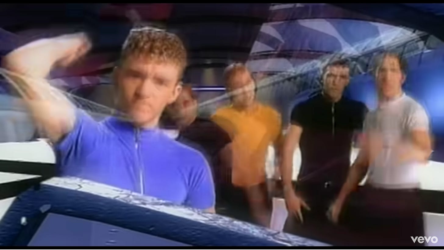 The guys are back in the window view of the dome, and Justin is pounding the front glass while the guys sing angrily in back