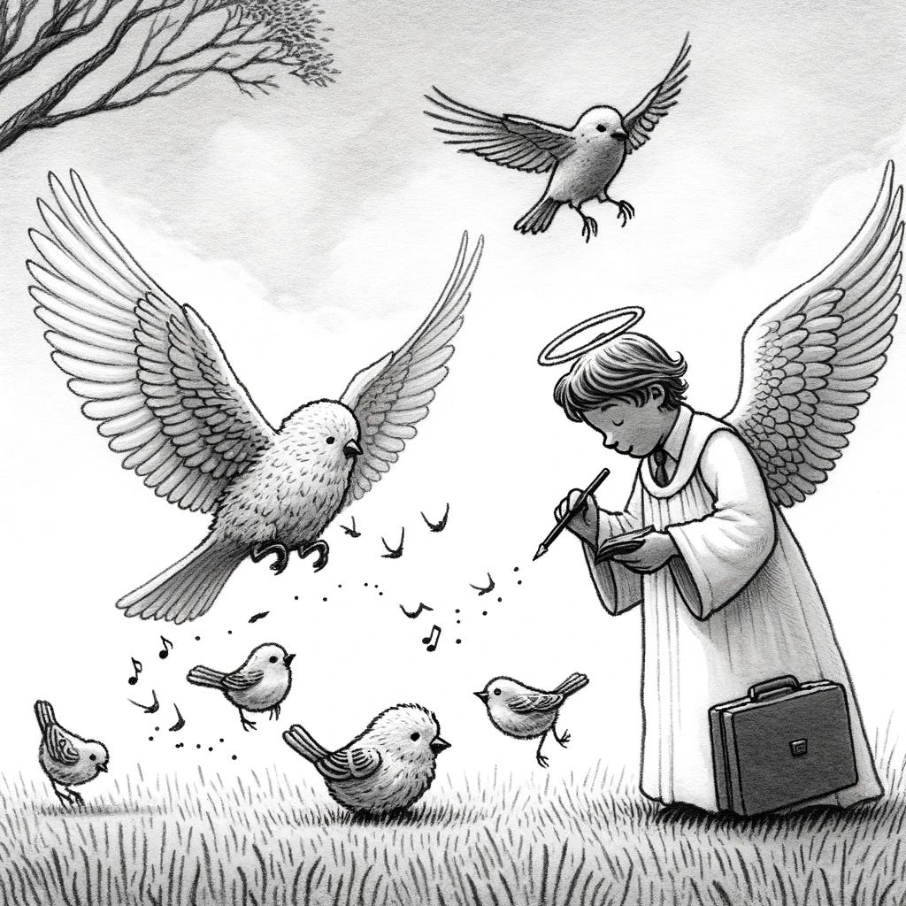 Drawing of a grayscale angel attending a 'Flying School', struggling to keep up with tiny birds who are natural fliers.