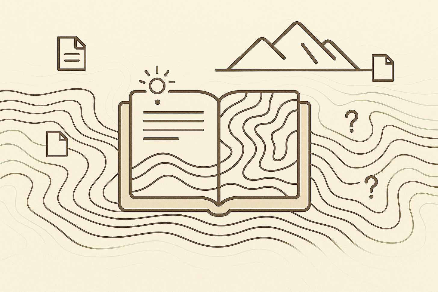 Stylized illustration of an open book with contour lines flowing across its pages and the background, surrounded by paper icons, a sun, a mountain, and question marks.