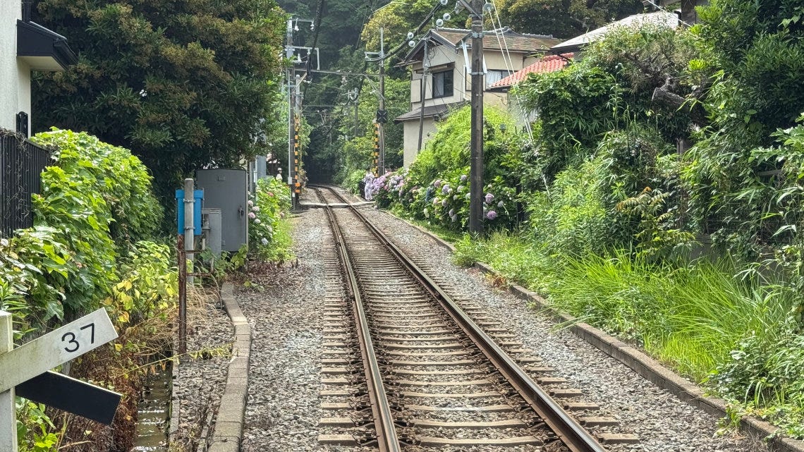 Single railway track surrounded by greenery and houses in Kamakura.