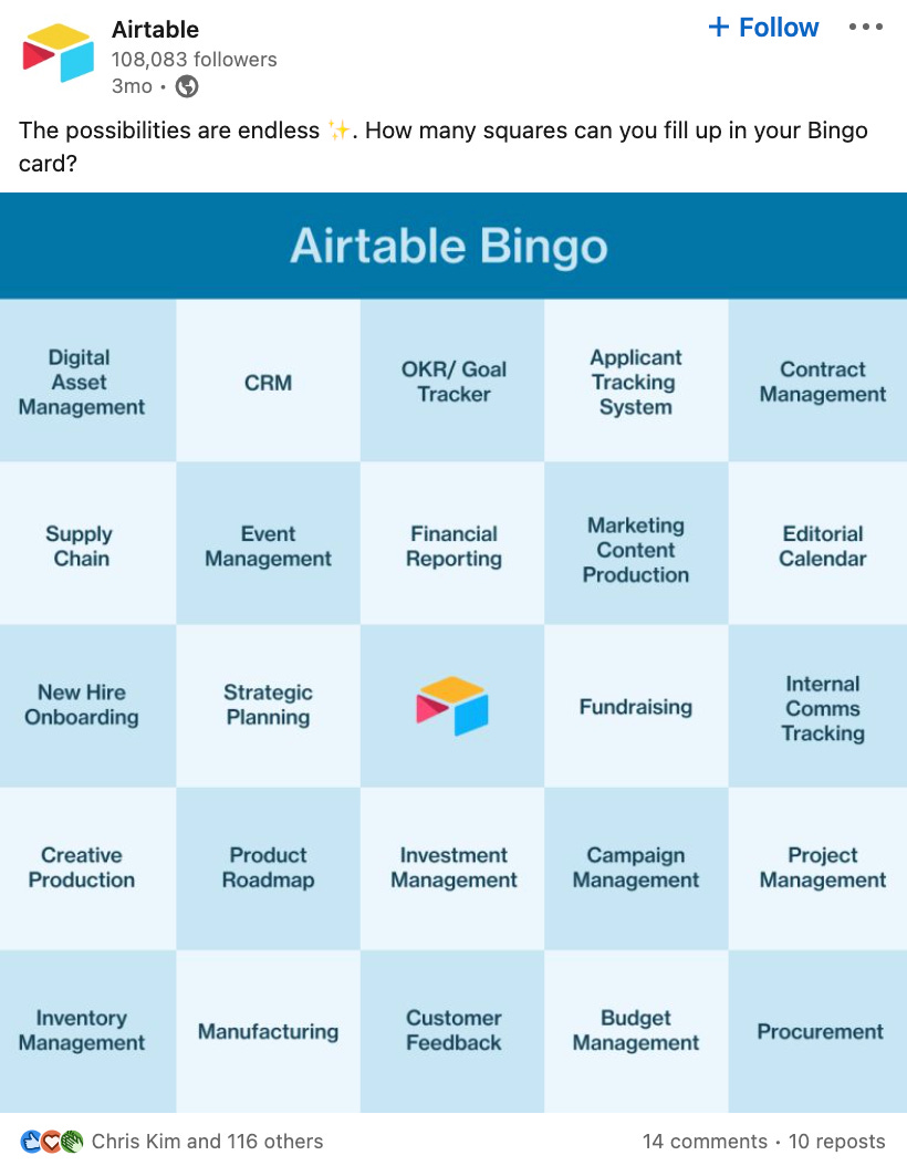 LinkedIn post of a bingo card showing all the different ways you can use Airtable LinkedIn post of a bingo card showing all the different ways you can use Airtable