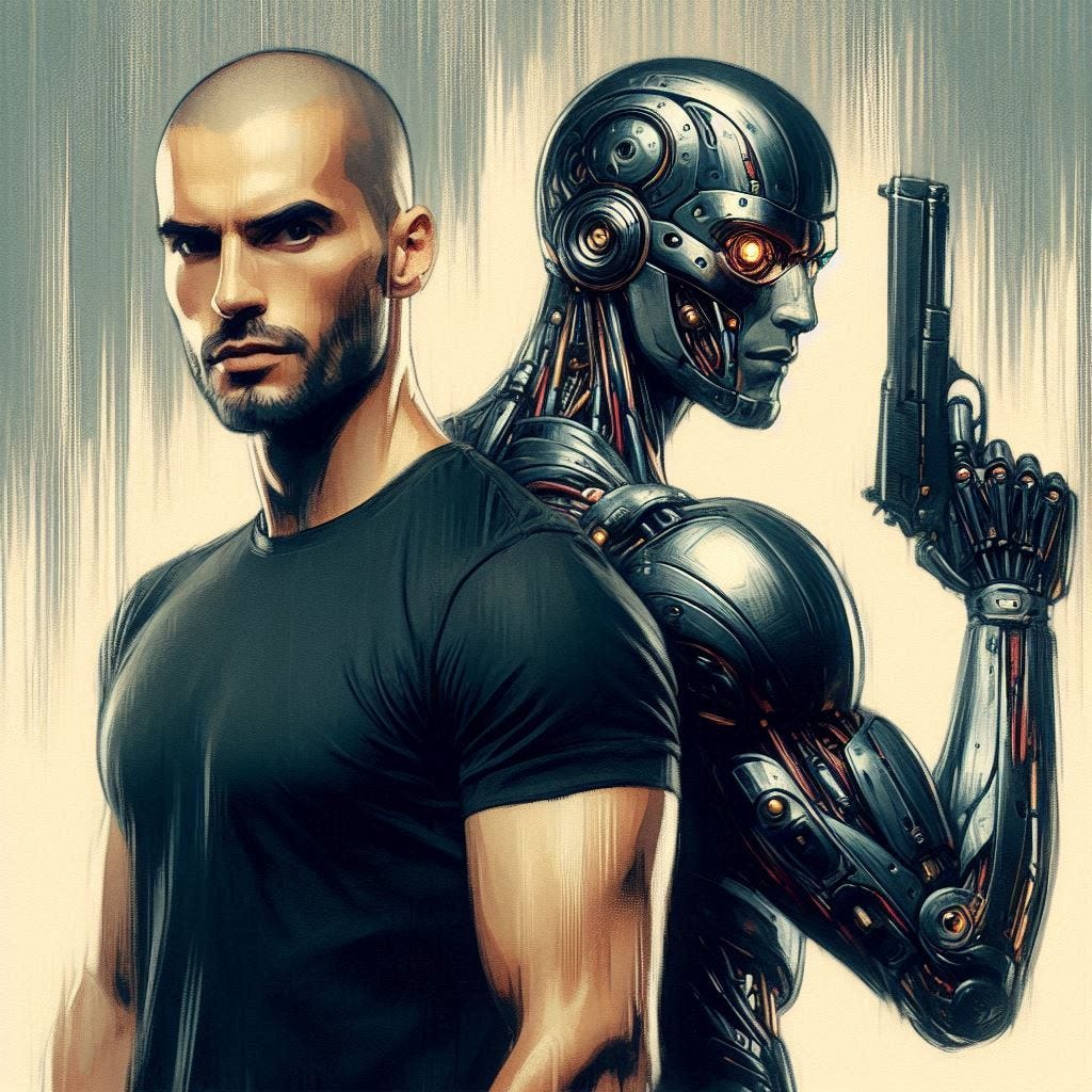A handsome bald man in a black t-shirt stands back-to-back with a handsome French cyborg. They are both in combat-ready stances, ready to take on all comers. Slight impressionist style. A handsome bald man in a black t-shirt stands back-to-back with a handsome French cyborg. They are both in combat-ready stances, ready to take on all comers. Slight impressionist style.