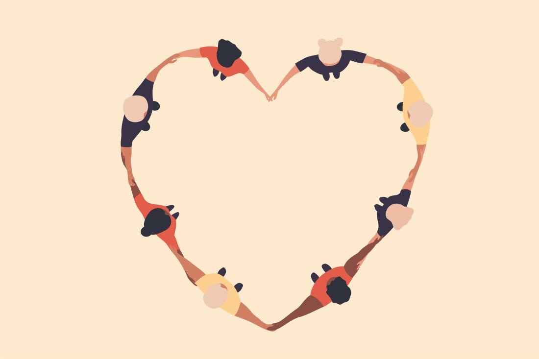 Illustration of people holding hands, viewed from above, making a heart shape