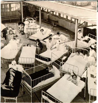 images of hospital beds outside in natural light 