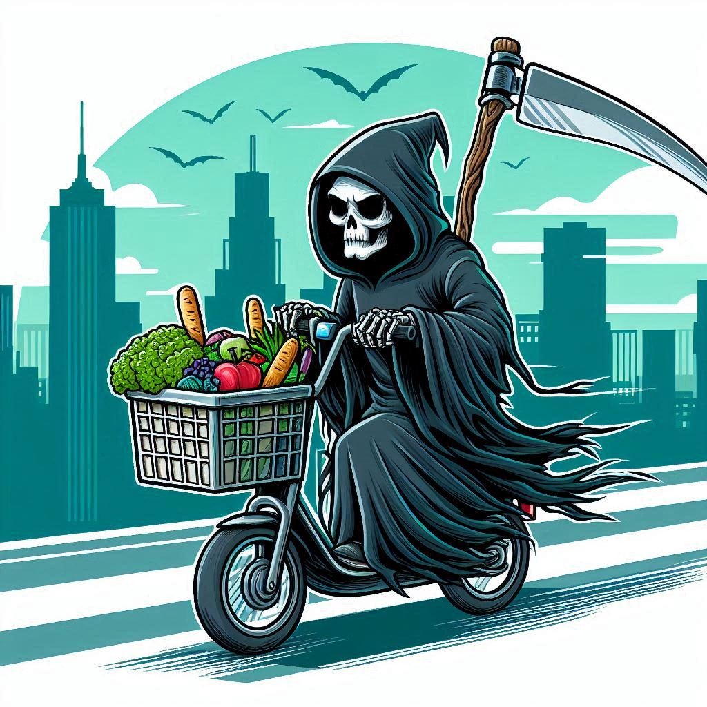 a cartoon of the Grim Reaper riding an urban grocery-delivery electronic bike a cartoon of the Grim Reaper riding an urban grocery-delivery electronic bike
