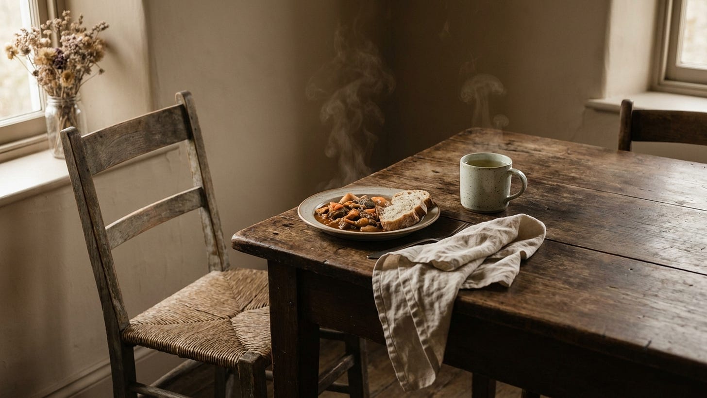 An empty wooden chair pulled away from a weathered table, a plate of warm food and a mug of green tea still steaming — the pause she started but couldn't sustain.