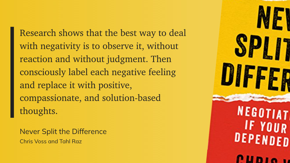  Research shows that the best way to deal with negativity is to observe it, without reaction and without judgment. Then consciously label each negative feeling and replace it with positive, compassionate, and solution-based thoughts. - Chris Voss and Tahl Raz: Never Split the Difference