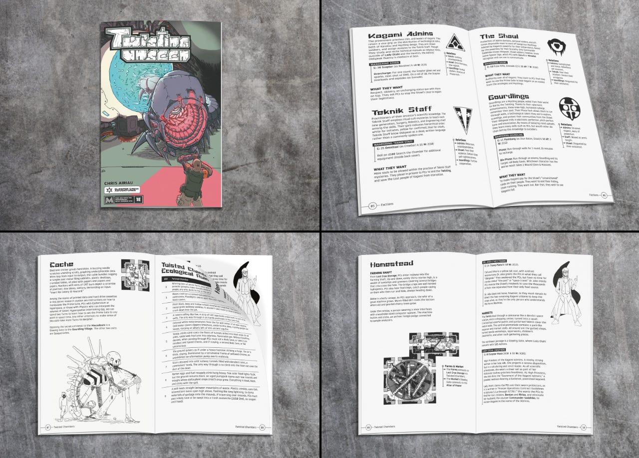 Four panels: Twisting Unseen cover of a giant mecha-centipede about to kill a guy, and three interior spreads. One shows the factions, one shows a giant robo skeleton eating a guy, and the last shows a map tile location key.