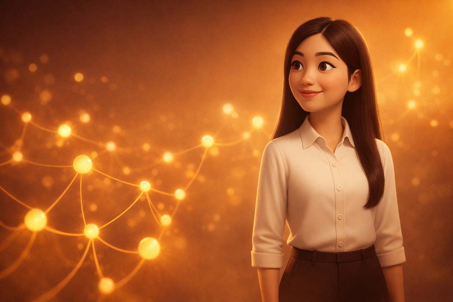 Pixar-style 3D illustration of Jenny Ouyang from Build to Launch observing a network of ascending connected orbs, representing newsletter growth through community and finding your cohort