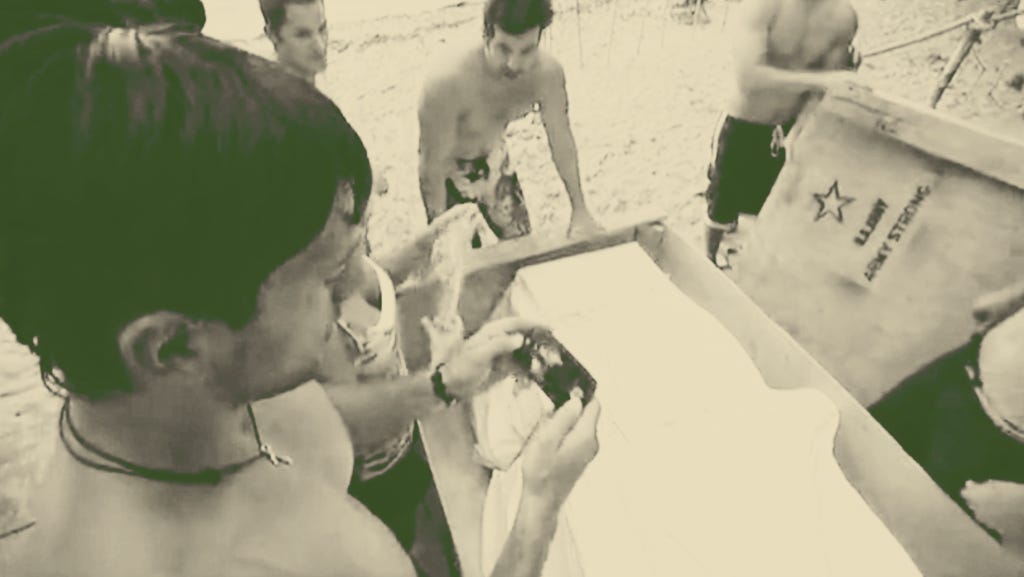 The cast of MTV's The Challenge: The Island looking at a cell phone from a U.S. Army "air drop" supply crate The cast of MTV's The Challenge: The Island looking at a cell phone from a U.S. Army "air drop" supply crate