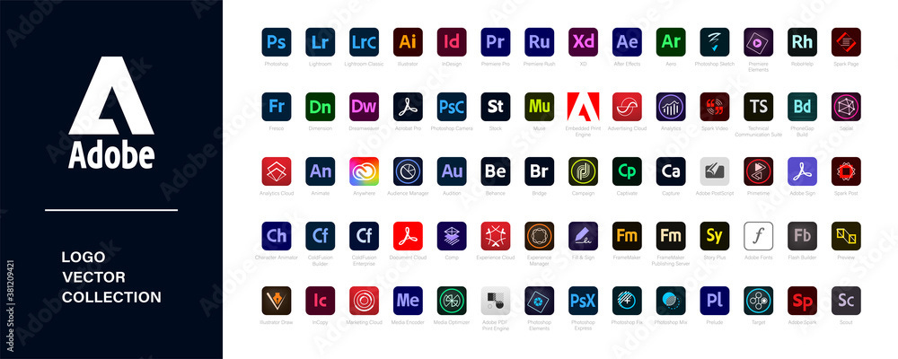 Adobe product.  Logotype set of adobe products: adobe, creative cloud, illustrator, photoshop, indesign, after effects, lightroom. Editorial vector illustration. Vinnitsa, Ukraine - September 27, 2020
