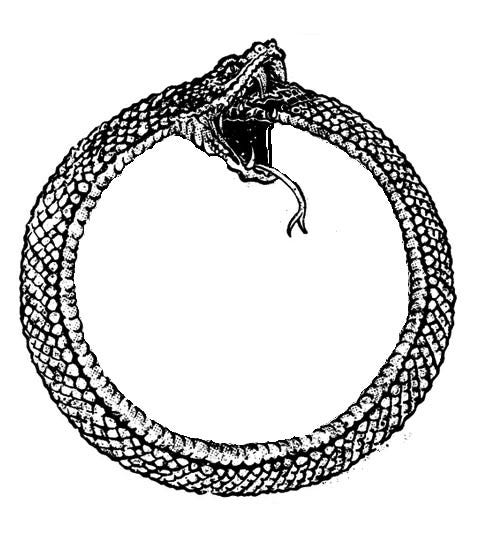 The Ouroboros (serpent or dragon eating its own tail) often symbolize  self-reflexivity or cyclicality, especially in the sense of something  constantly re-creating itself, the eternal return, and other things such as  the