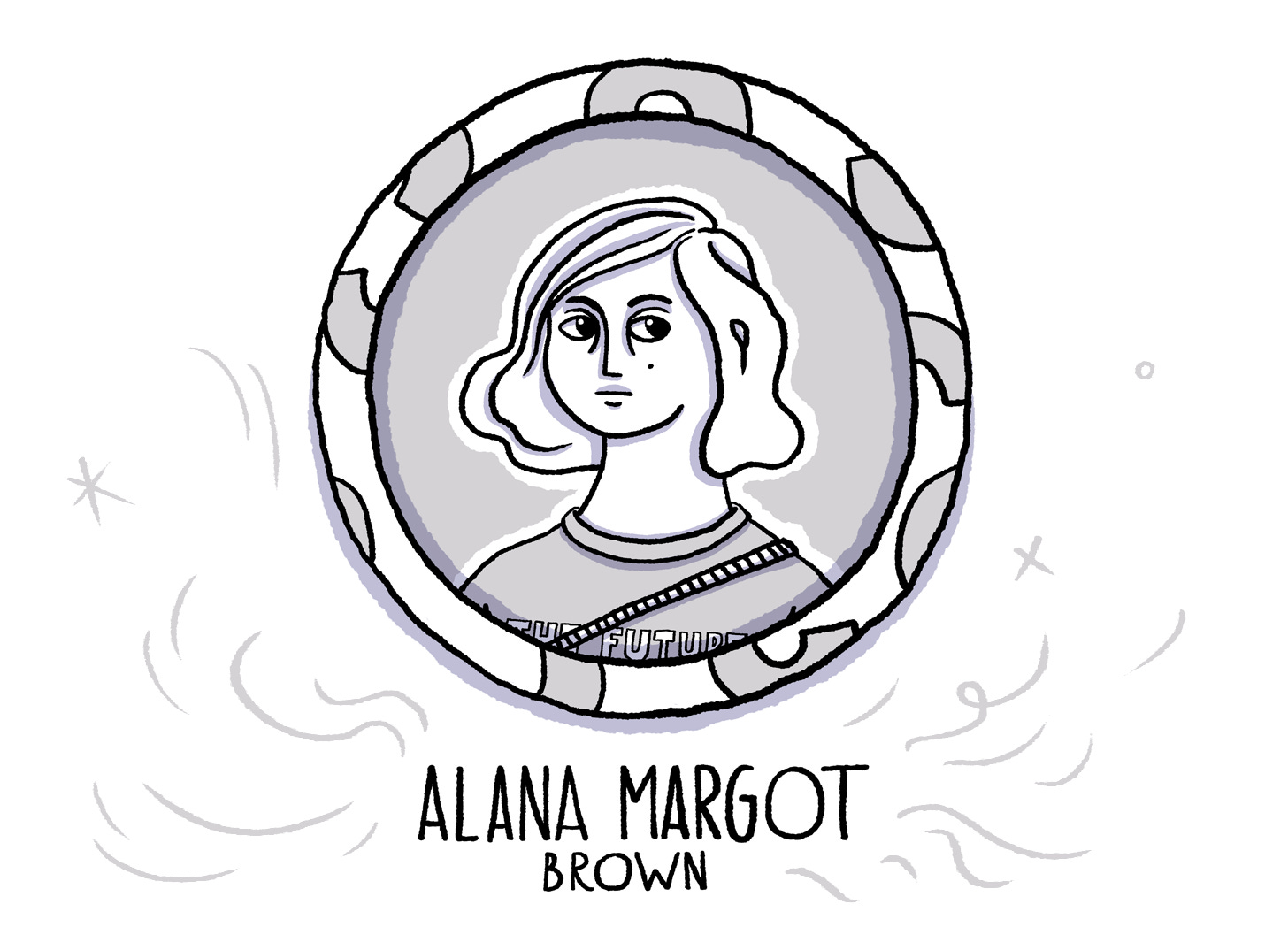 Woman in Time comic character representing the current time in the 21st Century in London called Alana Margot Brown. She wears a tshirt with a semi visible text saying "The Future" and bag where only the top strap is visible going across her chest. She has short wavy hair and her colour is a light grey.