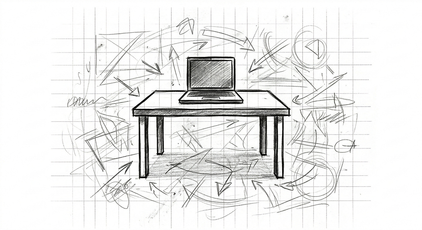 A sketch illustration of a laptop on a desk surrounded by arrows pointing in every direction, representing the overwhelm of learning a new platform.
