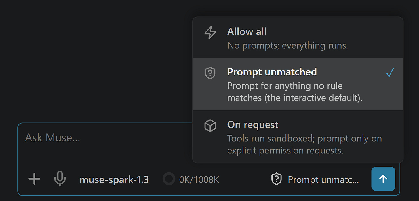 The mode menu for a Muse Code conversation in Grok Build Desktop: Allow all, Prompt unmatched (selected), and On request, each with its description, next to a composer reading Ask Muse