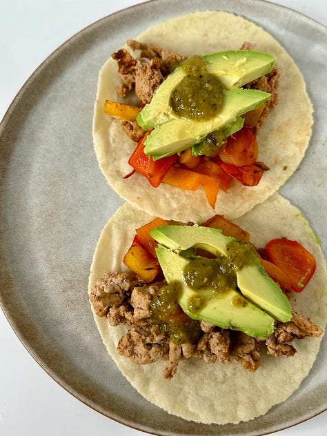 Turkey and avocado tacos, rotisserie chicken noodle soup, sheet pan salmon & broccolini, cabbage crunch bowls, protein pancakes, blueberry overnight oats, vanilla smoothie