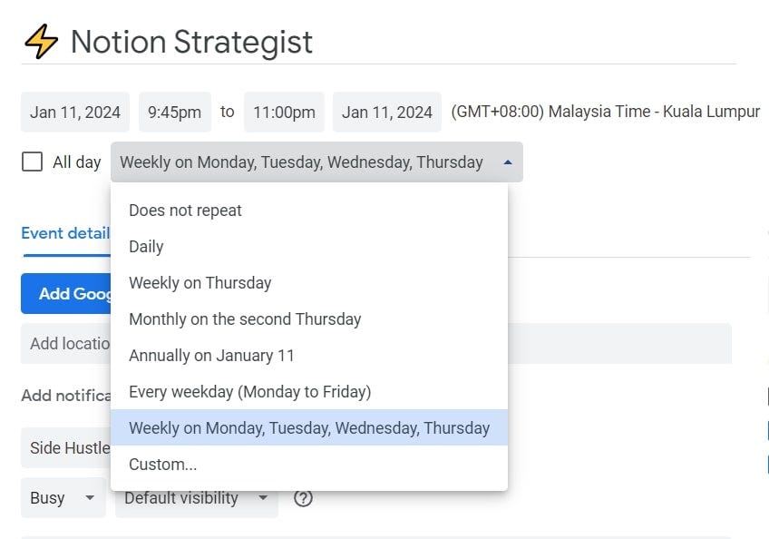 Screenshot of Google Calendar Event recurrence settings.
