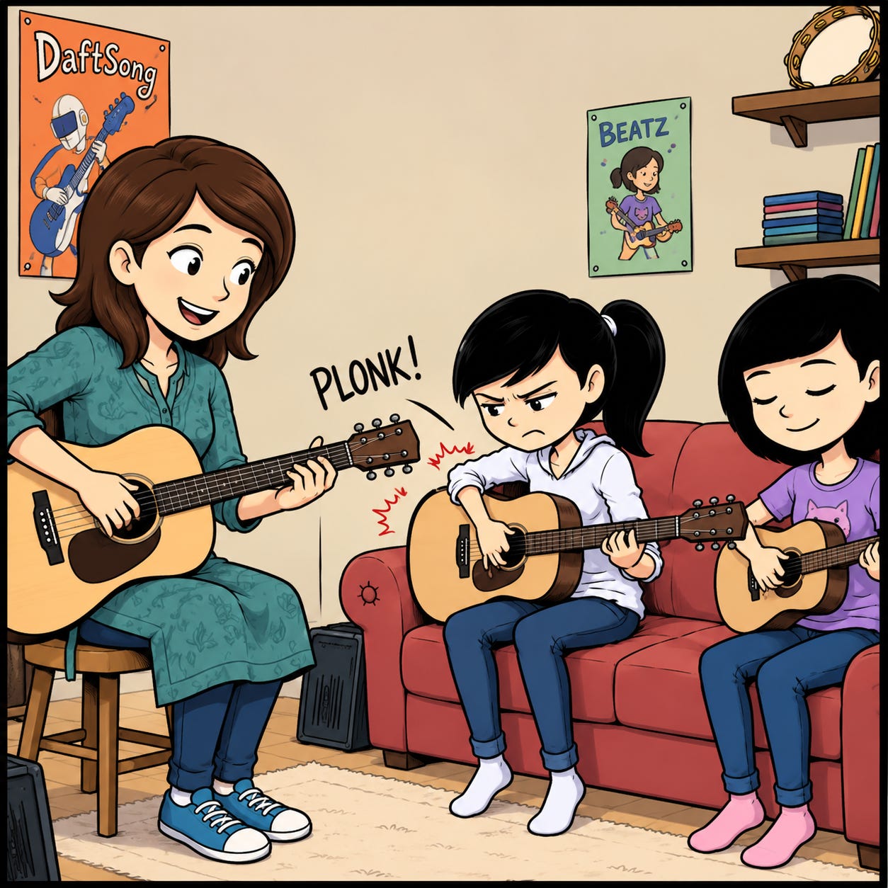 A guitar teacher demonstrates a chord while Zara and Misha practice.