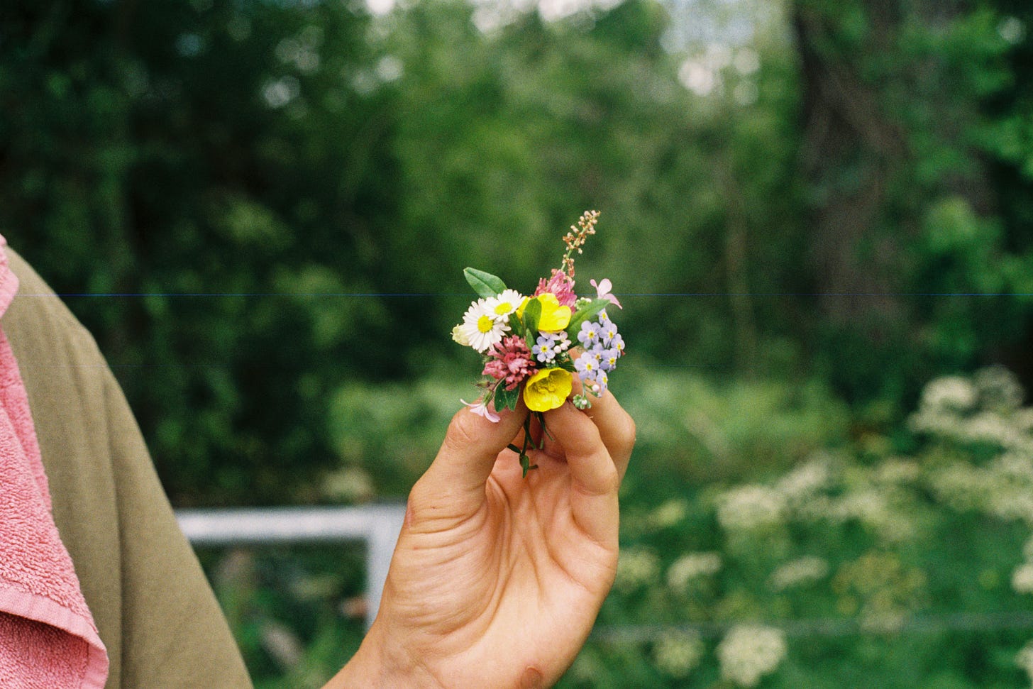 A hand holds a small bouquet of wildflowers - daisies, buttercups, forgetmenots. The background is blurred, but green.