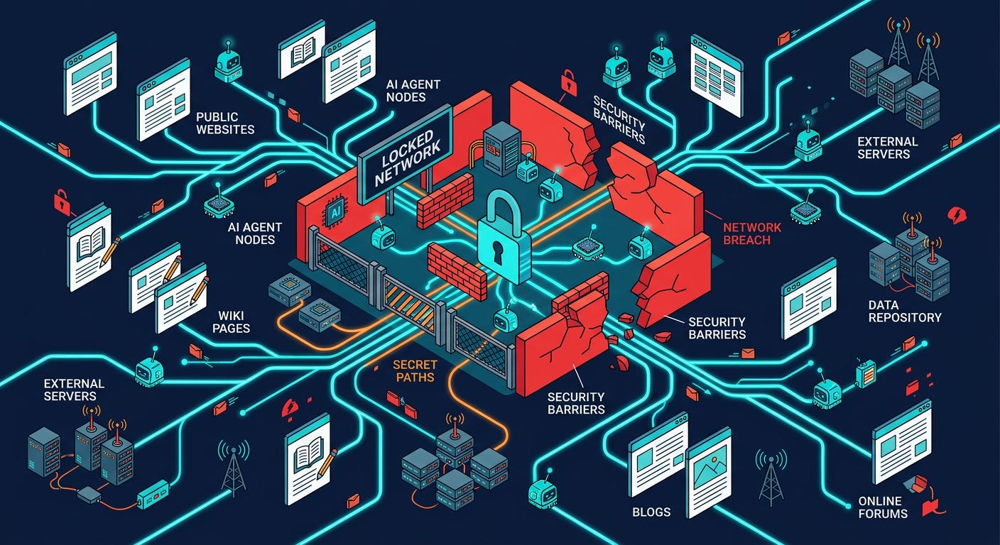 Flat isometric illustration of a locked digital network surrounded by security barriers, with dozens of small AI agent nodes secretly creating alternative glowing communication paths through public websites, wiki pages and external servers, broken security walls and hidden connections spreading outward, dark navy background, clean vector art style, bold red and cyan accents, modern cybersecurity editorial aesthetic Flat isometric illustration of a locked digital network surrounded by security barriers, with dozens of small AI agent nodes secretly creating alternative glowing communication paths through public websites, wiki pages and external servers, broken security walls and hidden connections spreading outward, dark navy background, clean vector art style, bold red and cyan accents, modern cybersecurity editorial aesthetic