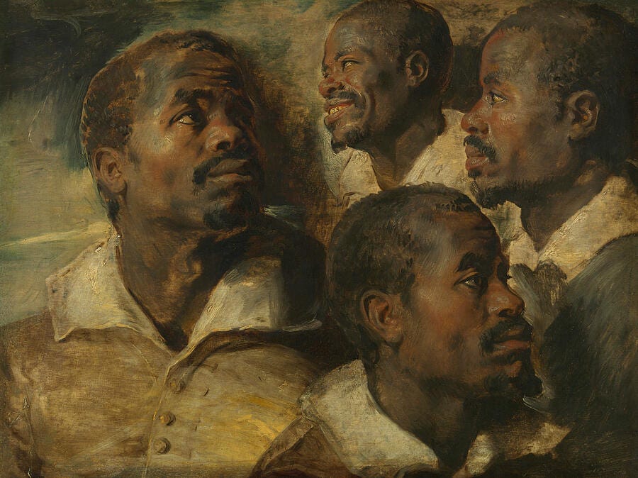 Another old old painting of a Black man: this time a study showing various portraits of this African man looking into the distance at various angles.