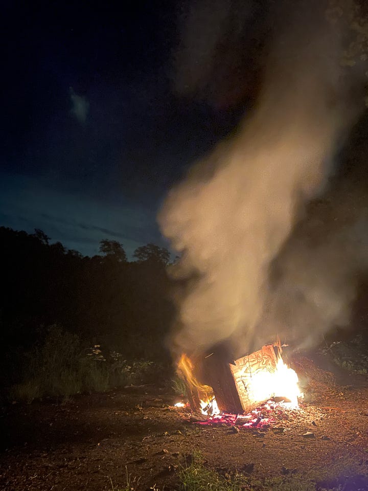 A dog house burning on a bonfire at night, and Liam standing next to a bonfire.