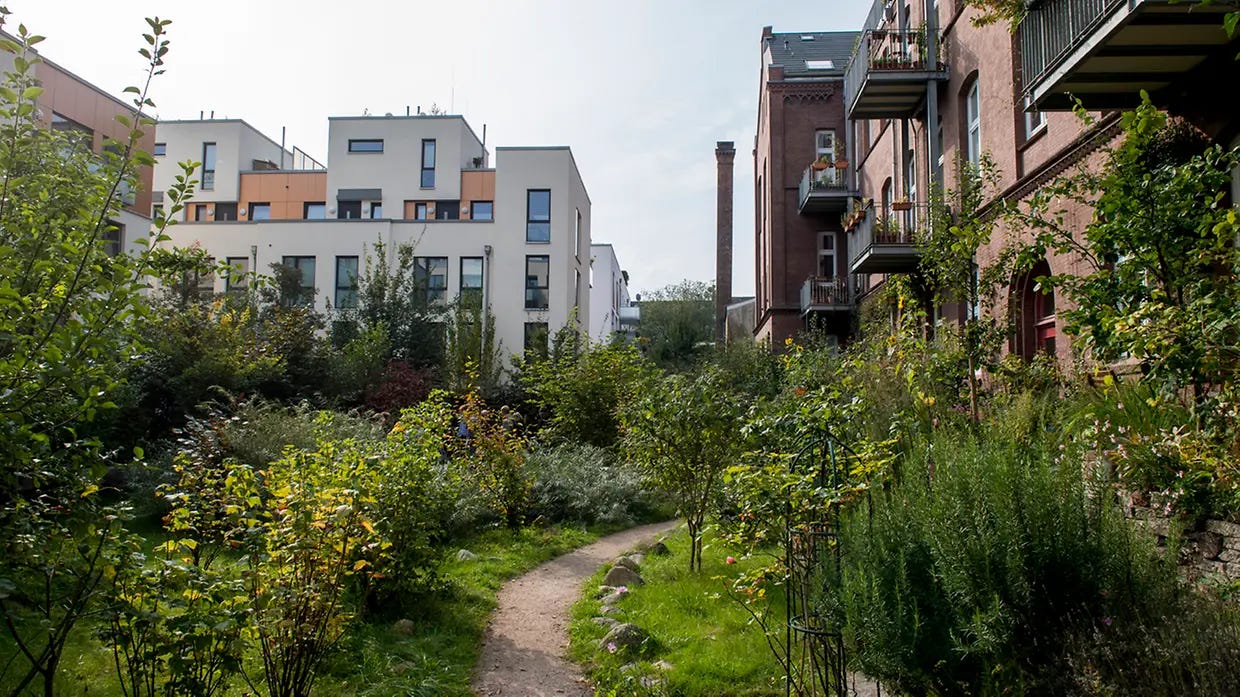 Green shared courtyard at the Stattschule building-group project in Hamburg, with a planted garden and path between homes, balconies and converted brick buildings.