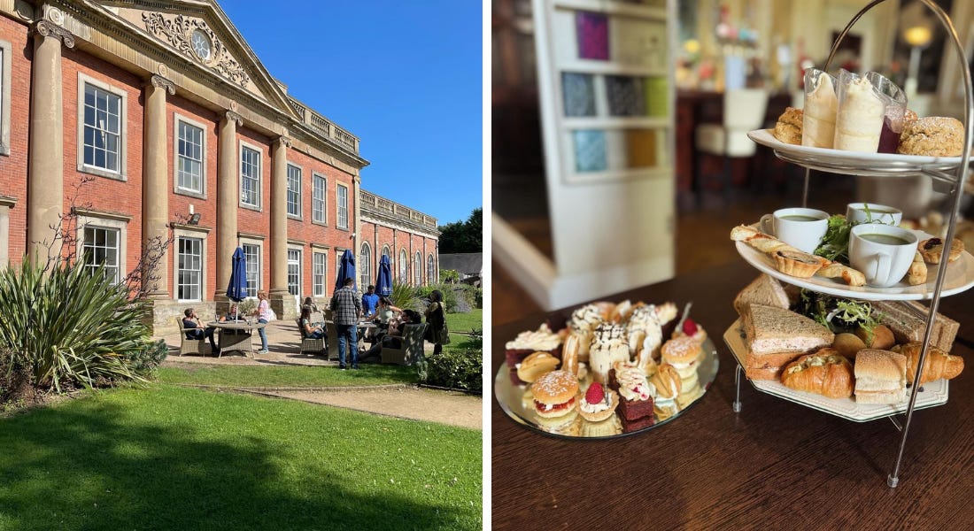 Two pictures - one of a brick country home with lawns in front of it and one of an afternoon tea stand and plate on a dark wooden table Two pictures - one of a brick country home with lawns in front of it and one of an afternoon tea stand and plate on a dark wooden table