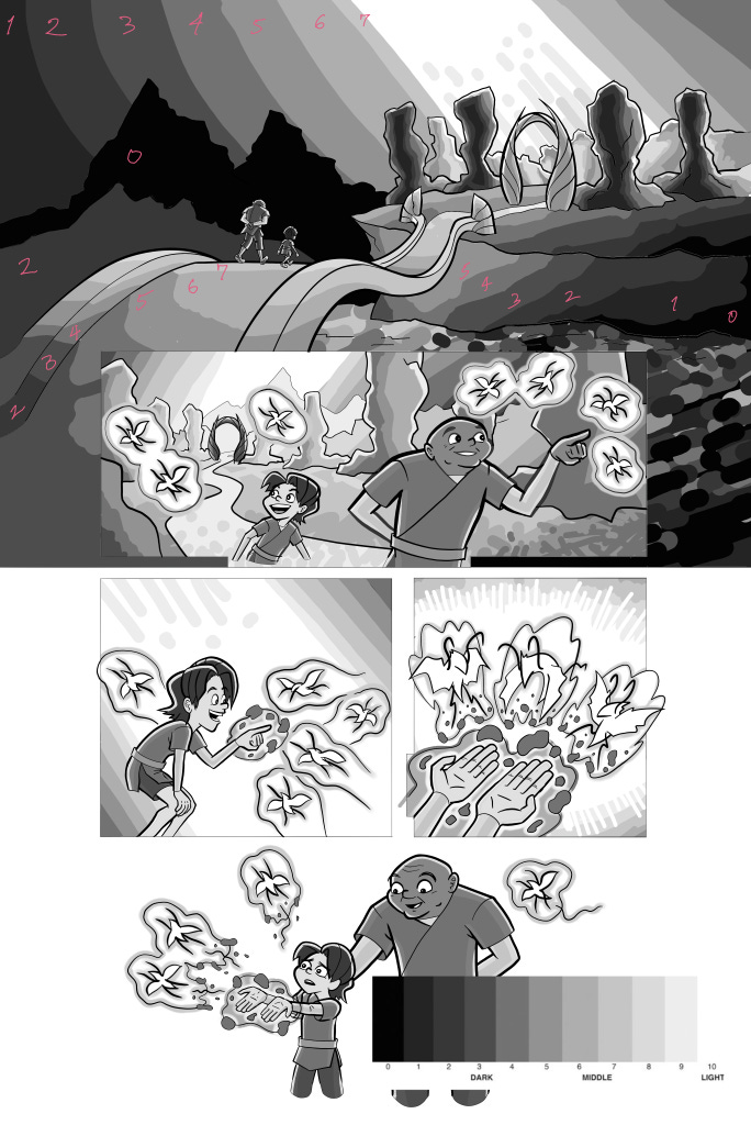 The same comic page as before, rendered in black, white, and gray tones only.