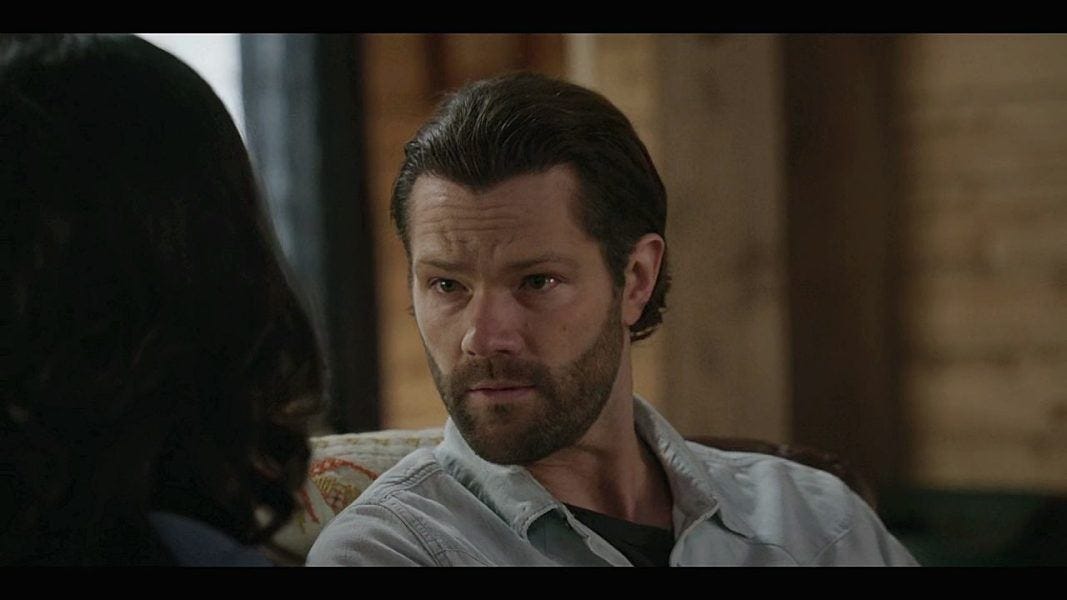 Jared Padalecki looking intently at Julia's bloated face on Walker set. Jared Padalecki looking intently at Julia's bloated face on Walker set.