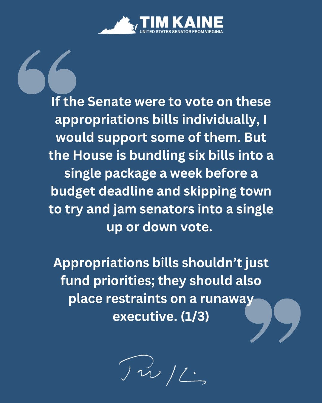 If the Senate were to vote on these appropriations bills individually, I would support some of them. But the House is bundling six bills into a single package a week before a budget deadline and skipping town to try and jam senators into a single up or down vote. Appropriations bills shouldn’t just fund priorities; they should also place restraints on a runaway executive. (1/3) If the Senate were to vote on these appropriations bills individually, I would support some of them. But the House is bundling six bills into a single package a week before a budget deadline and skipping town to try and jam senators into a single up or down vote. Appropriations bills shouldn’t just fund priorities; they should also place restraints on a runaway executive. (1/3)