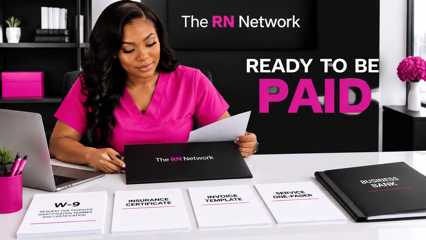 A nurse entrepreneur preparing a vendor packet with business documents and insurance materials A nurse entrepreneur preparing a vendor packet with business documents and insurance materials