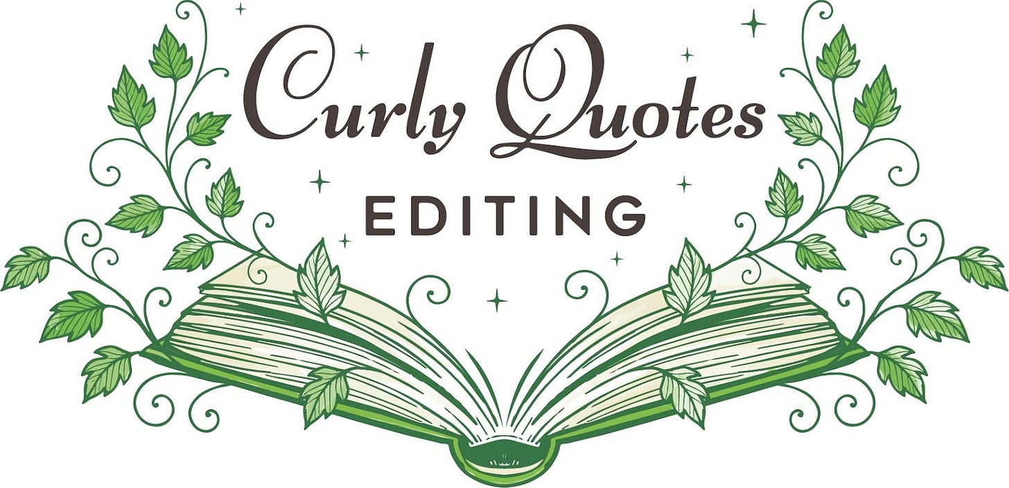 The Curly Quotes Editing logo of an open book with vines growing from its pages.