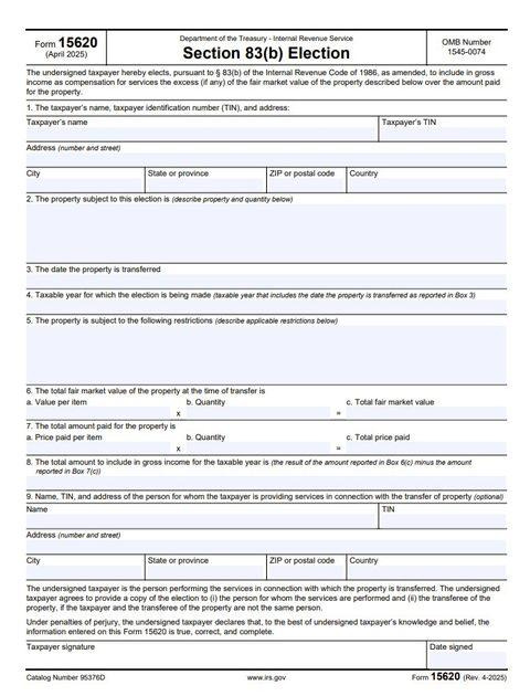 A Section 83(b) election form used by startup founders receiving restricted stock, illustrating the legal and tax filing that must be submitted within 30 days to avoid future diligence issues.