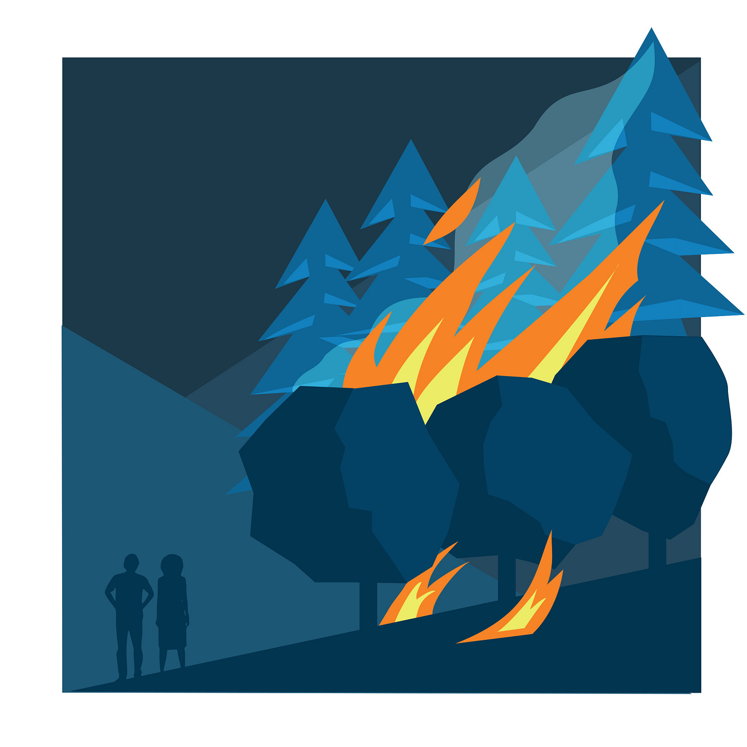 Vector graphic of two people in silhouette standing in front of a forest fire