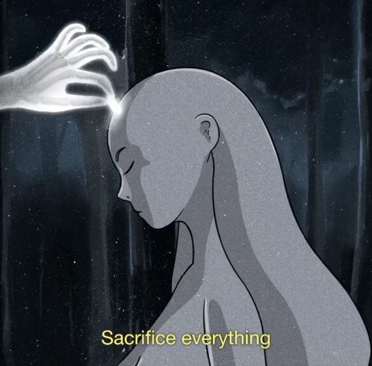 This may contain: a woman with long white hair is looking at another woman's face