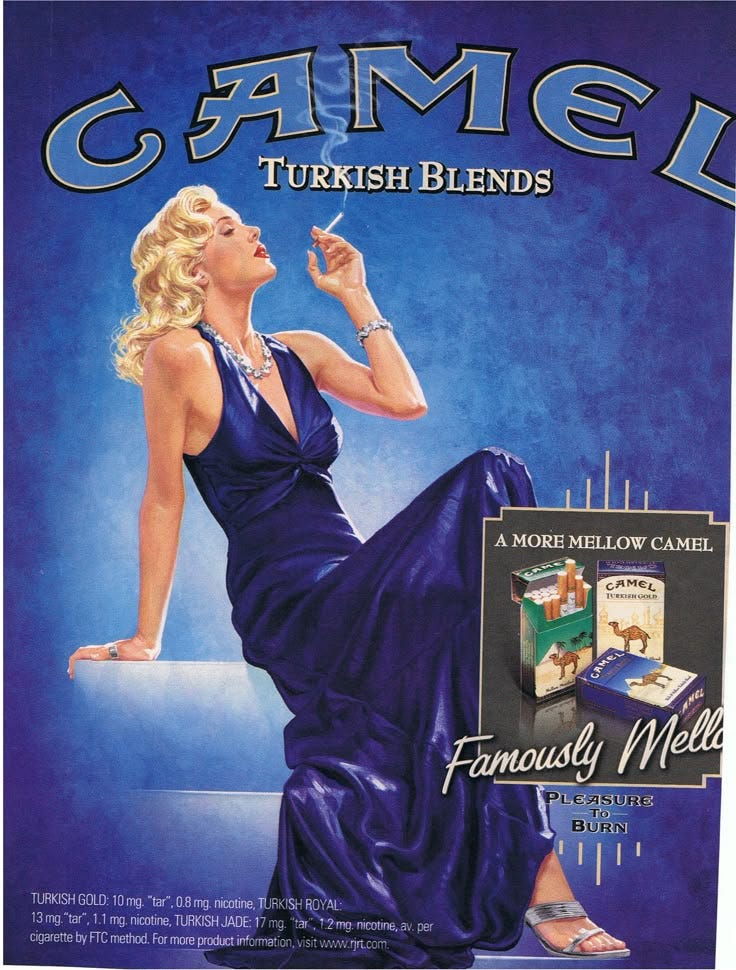 This may contain: an advertisement for camelil turkish blends featuring a woman in a blue dress sitting on a ledge