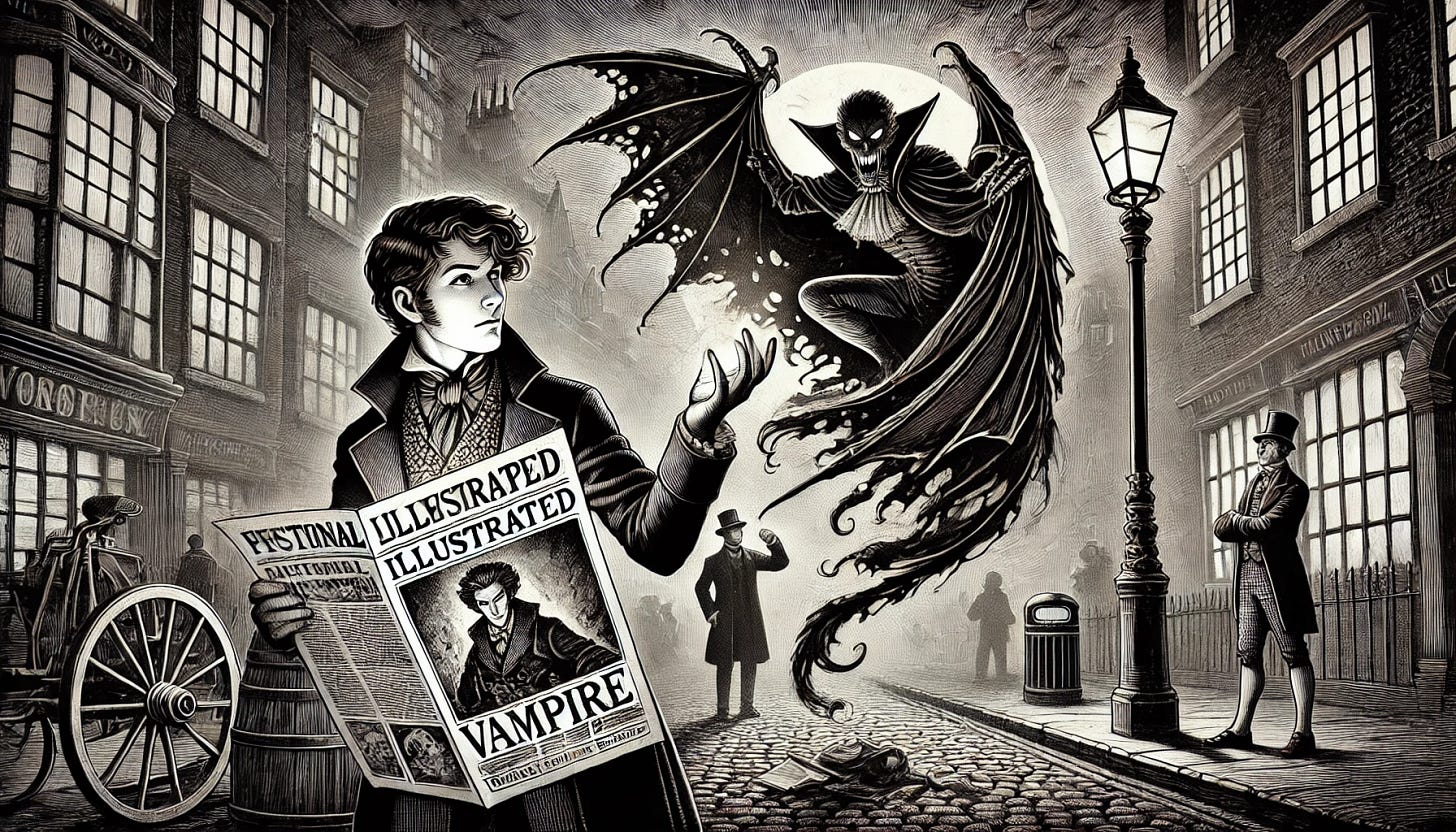 A detailed Victorian street scene at dusk, rendered in high-contrast black and white with intricate linework, inspired by traditional Victorian newspaper illustrations. In the foreground, a young newspaper hawker dramatically holds up a fictional illustrated publication with a bold woodcut-style design showing a mysterious gothic image. Emerging from the newspaper is a spectral vampire figure, its form shadowy and menacing, with sharp features and flowing cloak, as if stepping out of the illustration into reality. The hawker is illuminated by the warm glow of a gas lamp, casting dramatic shadows. Behind him, a small crowd gathers, some recoiling in fear while others hold out coins. The background features foggy London architecture, including cobblestone streets, lampposts, and shadowy building outlines, enhancing the eerie and supernatural atmosphere.