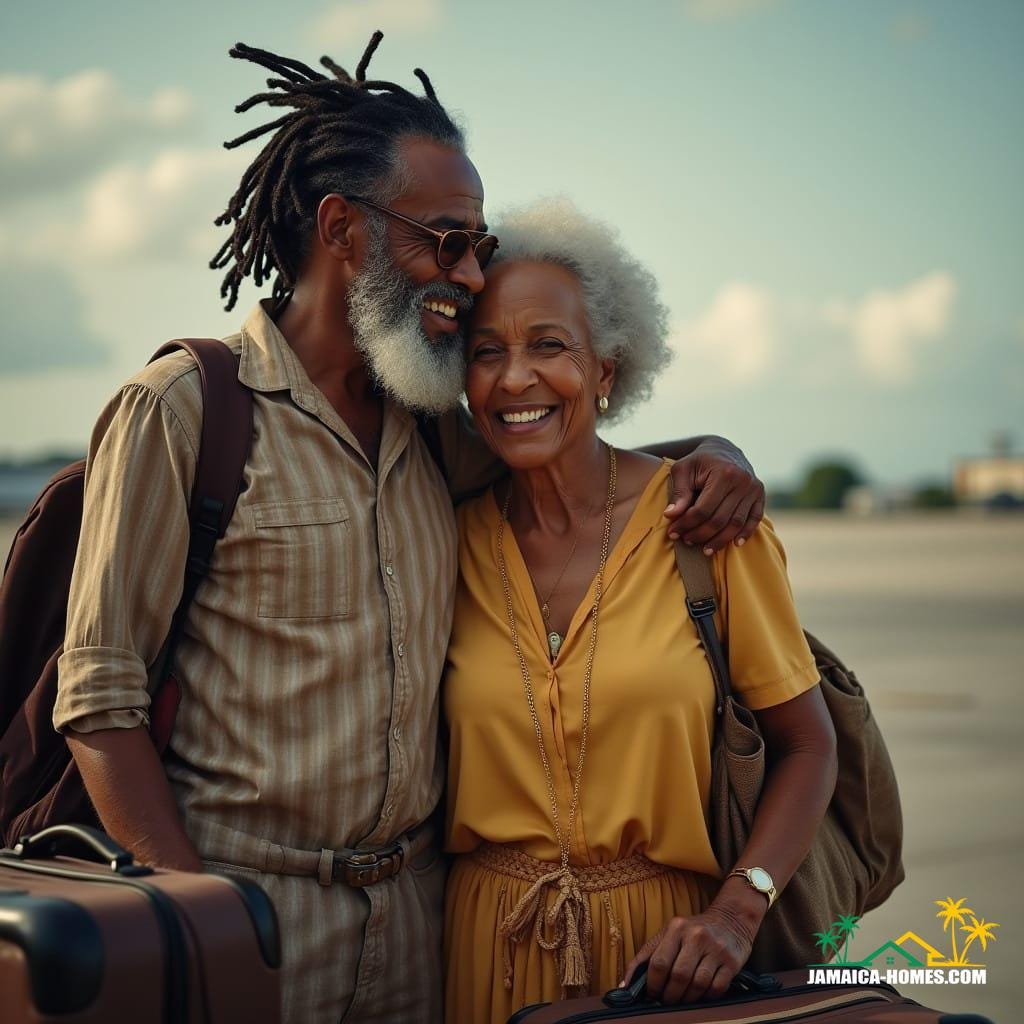 Couple arriving in Jamaica, capturing the joy and emotion of coming home.